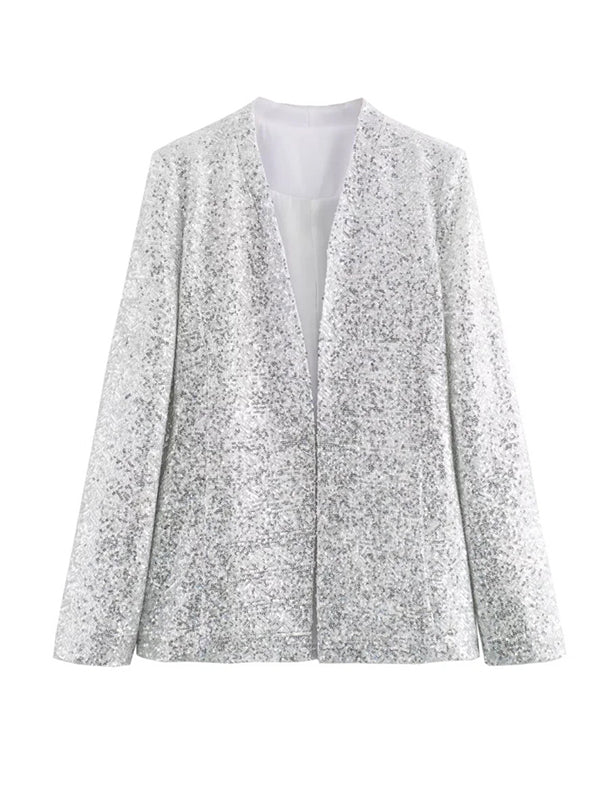V-Neck Long Sleeves Loose Sequined Shiny Blazers Top + Shorts Bottom Two Pieces Set