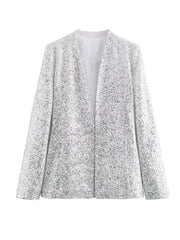 V-Neck Long Sleeves Loose Sequined Shiny Blazers Top + Shorts Bottom Two Pieces Set