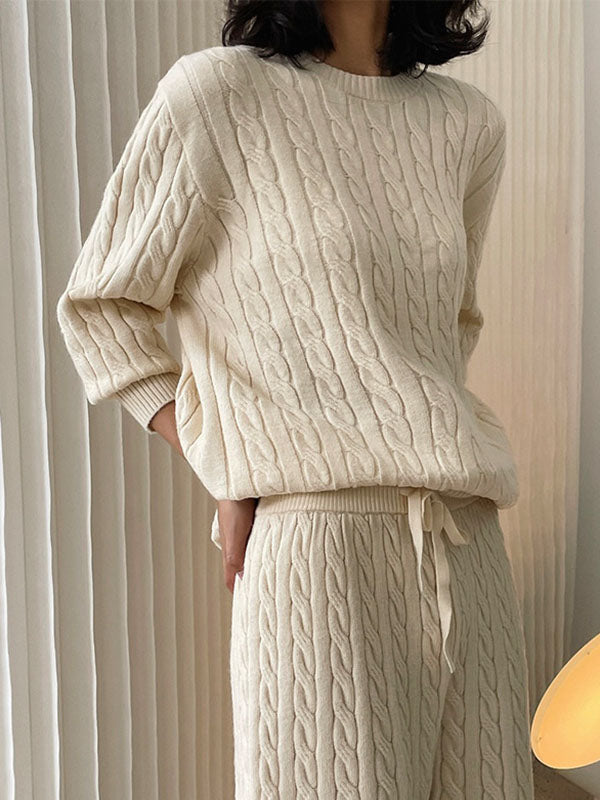 Casual Loose Long Sleeves Jacquard Solid Color Round-Neck Sweater Tops