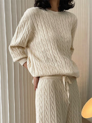 Casual Loose Long Sleeves Jacquard Solid Color Round-Neck Sweater Tops