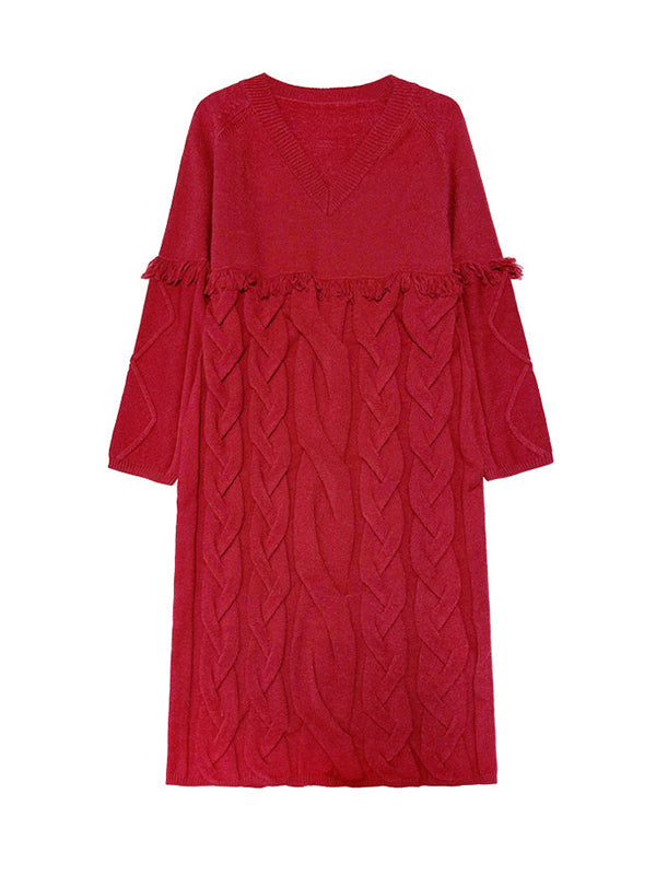 Solid Color Split-Joint Tasseled Long Sleeves Loose V-neck Sweater Dresses Midi Dresses