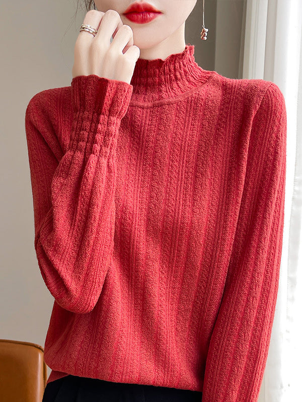 Elasticity Ruffle Trim Solid Color Long Sleeves Loose Mock Neck T-Shirts Tops