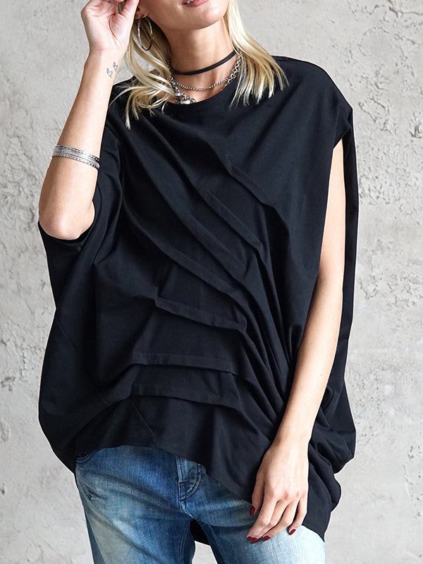 Pleated Solid Color High-low Loose Round-neck T-Shirts Tops