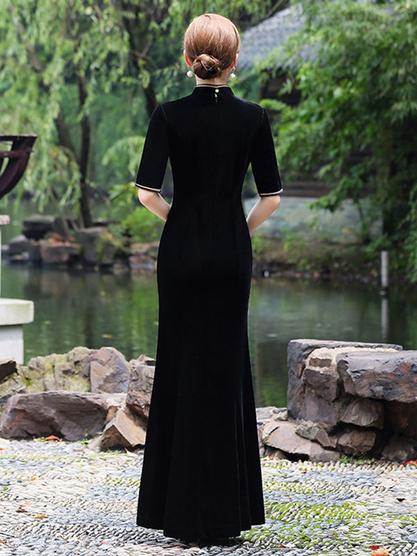 Original Applique Pleuche Stand Collar Half Sleeves Long Cheongsams