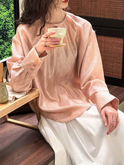 Hollow Shiny Solid Color Long Sleeves Loose Round-Neck Blouses&Shirts Tops