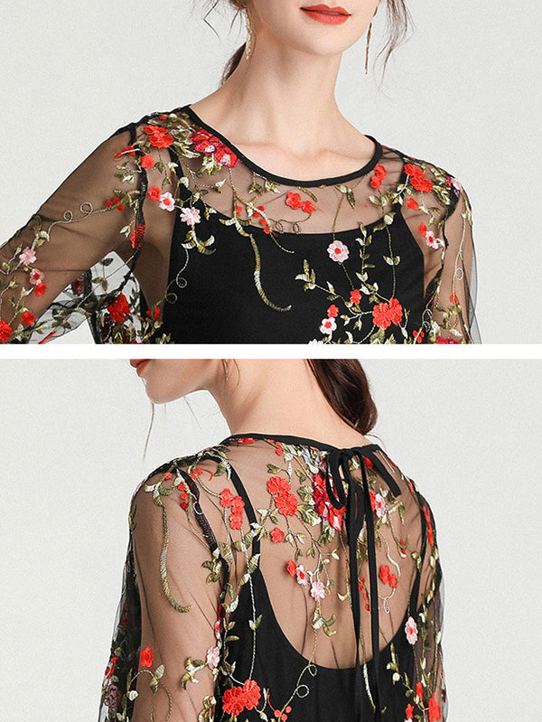 Original Artistic Retro Loose Lace Embroidered Pleated Midi Dress