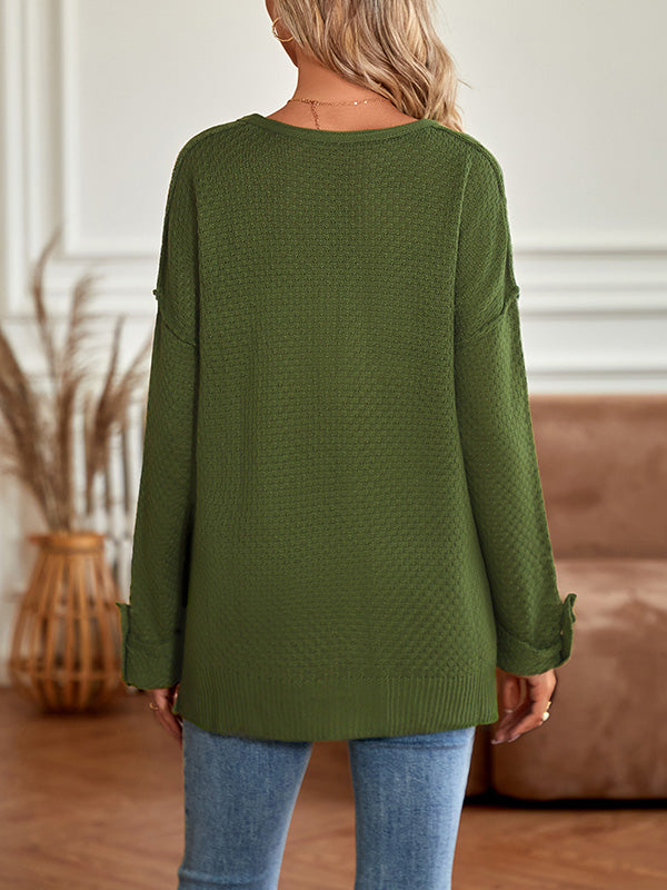 Buttoned Split-Side Long Sleeves Loose V-Neck Sweater Tops Pullovers