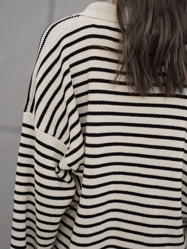 Split-Joint Striped Long Sleeves Loose Lapel Sweater Tops