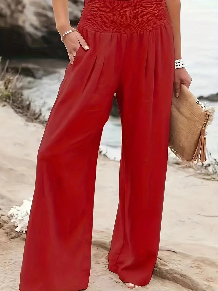 Pleated Pockets Solid Color Split-Joint Elasticated Waist High Waisted Pants