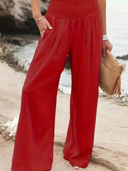 Pleated Pockets Solid Color Split-Joint Elasticated Waist High Waisted Pants