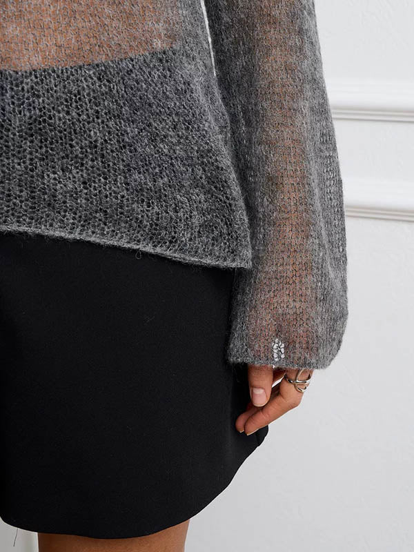 See-Through Solid Color Long Sleeves Loose Round-Neck Sweater Tops