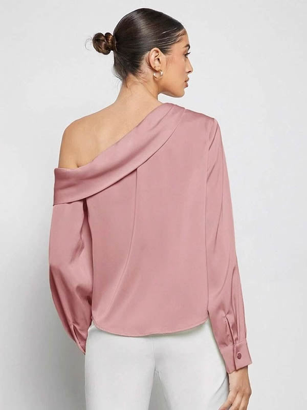 Pleated Solid Color Split-Joint Long Sleeves Skinny One-Shoulder Blouses&Shirts Tops