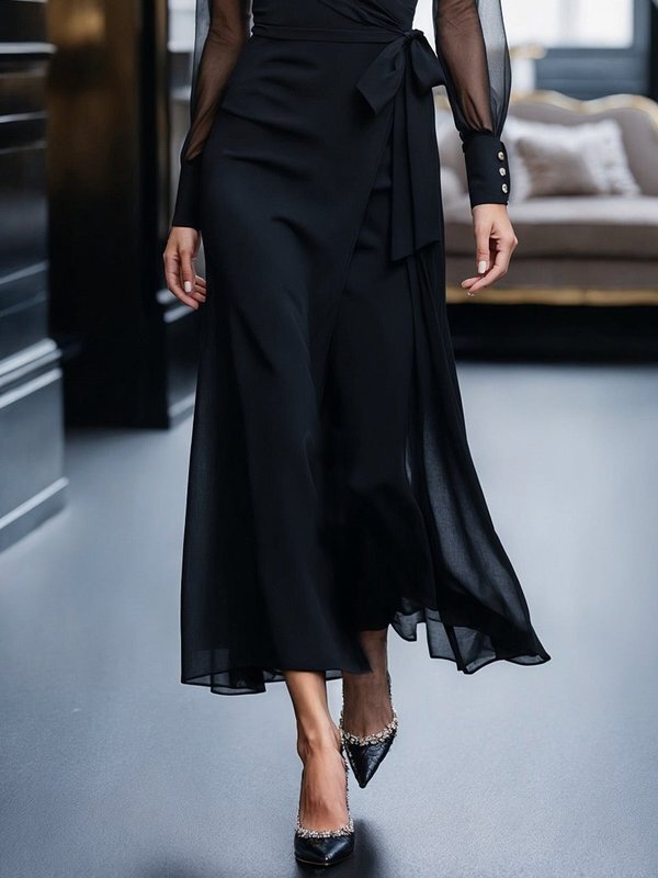 Buttoned Pleated Solid Color Split-Joint Tied Waist Long Sleeves Loose Lapel Maxi Dresses