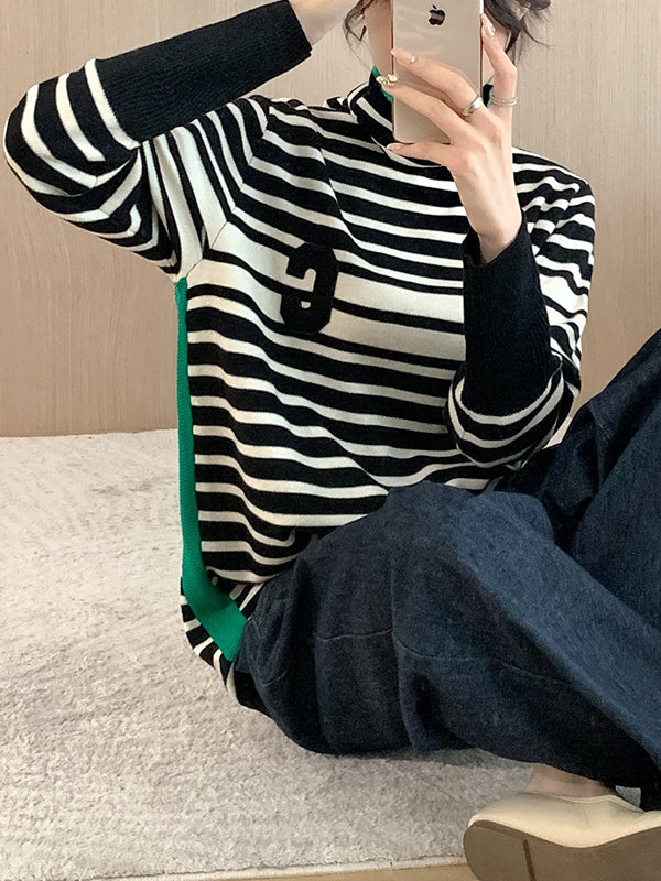 Contrast Color Knitted Letters Split-Joint Striped Long Sleeves Loose High Neck Sweater Tops Pullovers