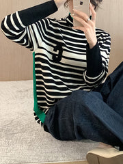 Contrast Color Knitted Letters Split-Joint Striped Long Sleeves Loose High Neck Sweater Tops Pullovers