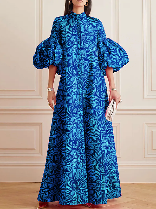 Elasticity Leaves Print Split-Joint Zipper A-line Half Sleeves Mock Neck Maxi Dresses