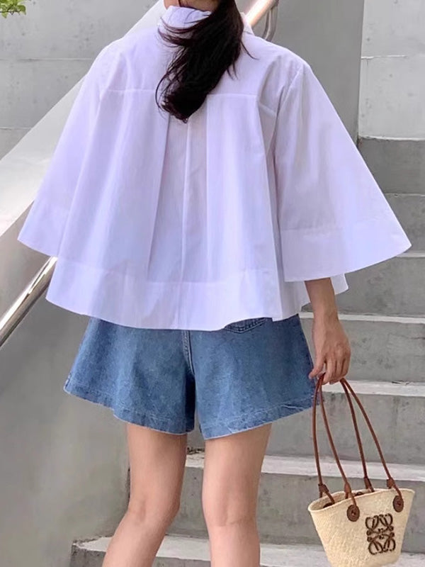 Buttoned Pleated Solid Color A-Line Flared Sleeves Lapel Blouses&Shirts Tops