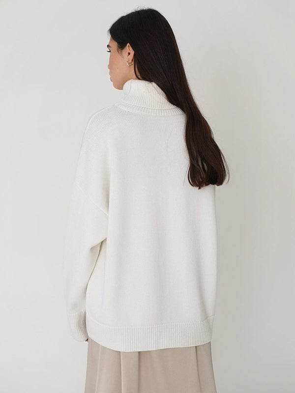 Casual Long Sleeves Loose Solid Color High-Neck Sweater Tops