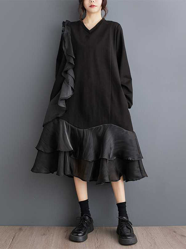 Contrast Color Pockets Ruffle Trim Split-Joint A-Line Long Sleeves V-Neck Midi Dresses