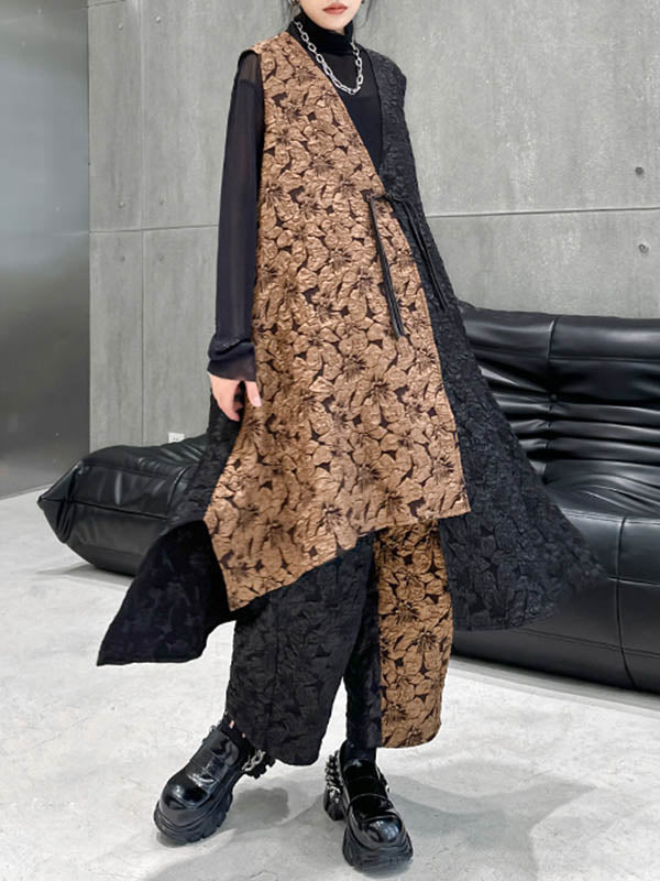 Jacquard A-Line High-Low Asymmetric Contrast Color Vest Top + Elasticity Pants Bottom Two Pieces Set