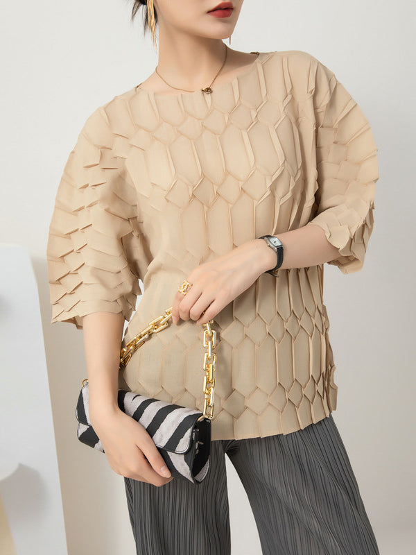 Original Loose Half Sleeves Pleated Solid Color Round-Neck T-Shirts Tops