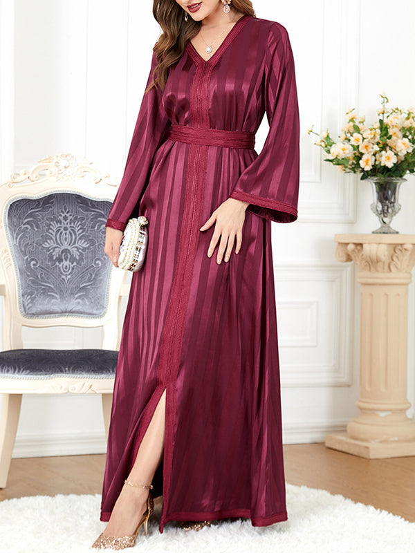 Split-Front Split-Joint Striped Tied Waist A-Line Long Sleeves Maxi Dresses