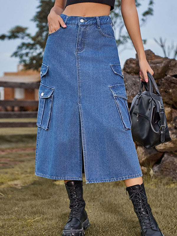 Pockets Split-Front Split-Joint A-Line Loose Denim Skirts