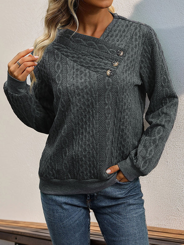 Buttoned Solid Color Split-Joint Long Sleeves Loose V-Neck Sweatshirt Tops