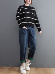 Casual Loose Long Sleeves Striped Round-Neck Sweater Tops
