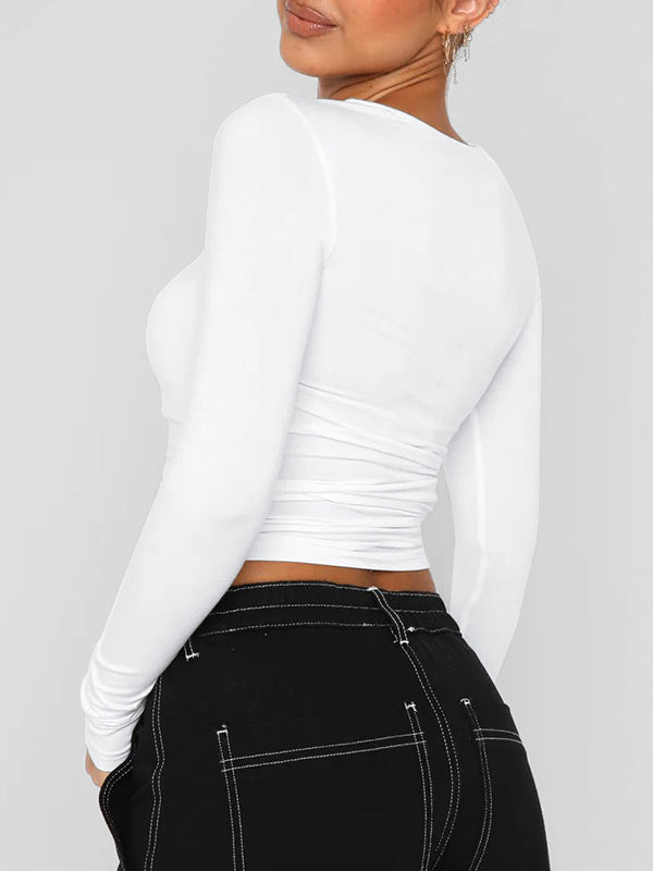 Solid Color Long Sleeves Skinny Round-Neck T-Shirts