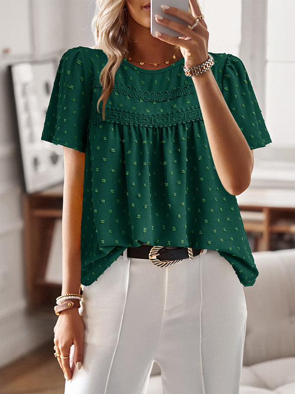 Hollow Jacquard Pleated Solid Color Split-Joint Loose Short Sleeves Round-Neck T-Shirts Tops
