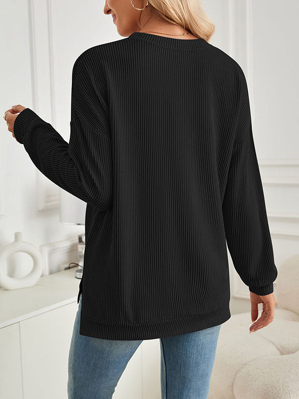 Pleated Solid Color Split-Joint Split-Side High-Low Long Sleeves Round-Neck Sweatershirt