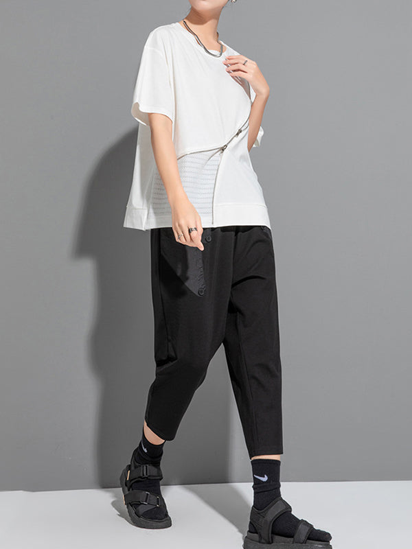Asymmetric Split-Joint Zipper Loose Short Sleeves Round-neck T-Shirts Tops