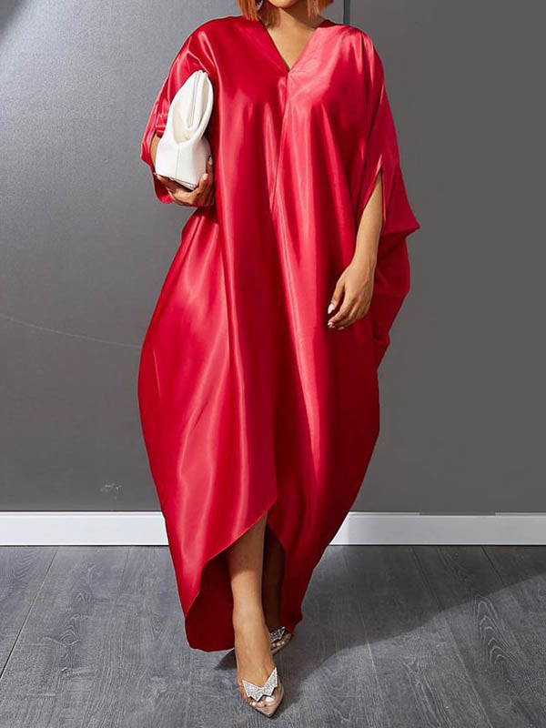 Solid Color Batwing Sleeves High-Low Deep V-Neck Maxi Dresses