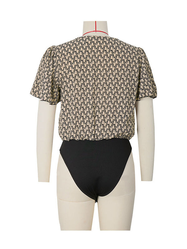 Printed Split-Joint Flared Sleeves High Waisted V-Neck Bodysuits