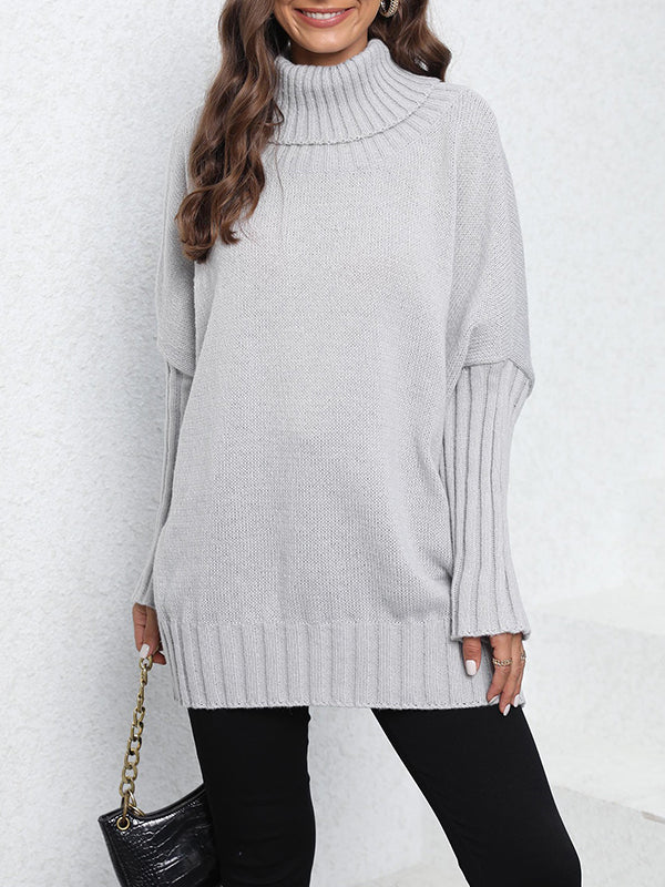 Pleated Solid Color Split-Joint Long Sleeves Loose High Neck Sweater Tops