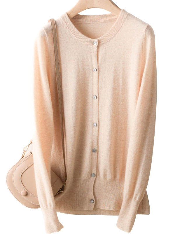 Buttoned Elasticity Long Sleeves Round-Neck Knitwear Cardigan Tops