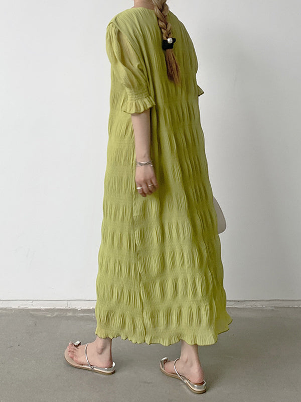 Pleated Solid Color Flared Sleeves Half Sleeves Round-Neck Midi Dresses