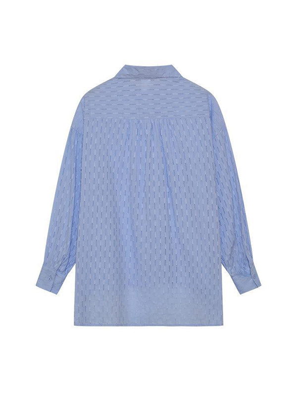 Buttoned Jacquard High-Low Long Sleeves Solid Color Lapel Shirts Top +Shorts Bottom Two Pieces Set