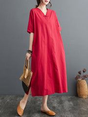 Chinese Frog Buttons Pockets Solid Color Split-Side A-Line Loose V-Neck Midi Dresses