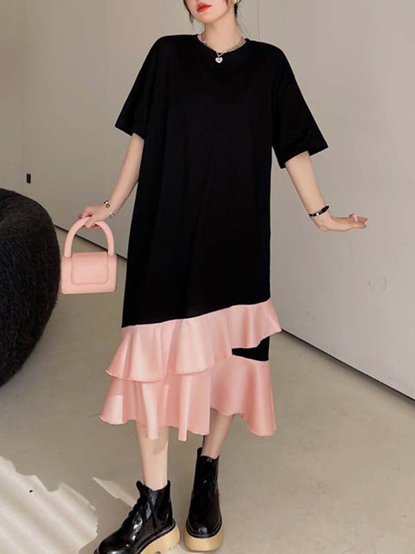 Casual Loose Short Sleeves Contrast Color Falbala Split-Joint Round-Neck Midi Dresses
