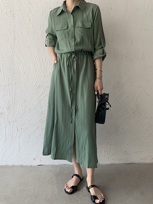 Casual A-Line Long Sleeves Bandage Solid Color Lapel Collar Shirt Midi Dresses