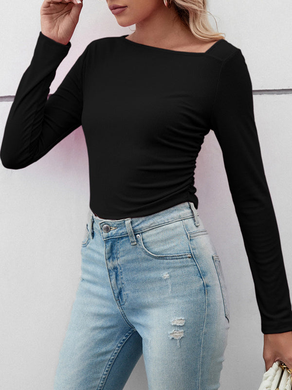 Solid Color Long Sleeves Skinny Asymmetric Collar T-Shirts Tops