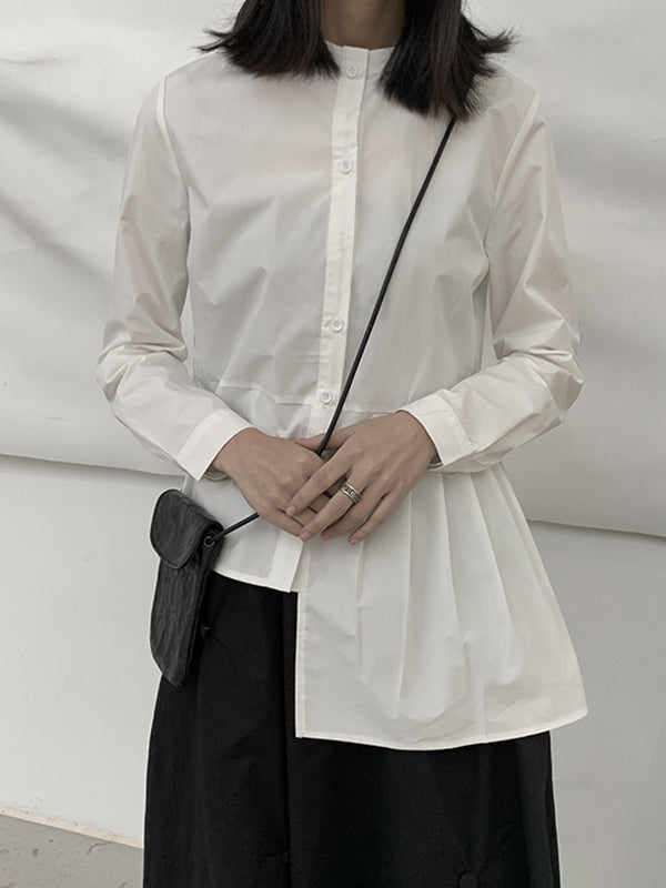 Asymmetric Buttoned Pleated Solid Color Long Sleeves Round-Neck Blouses&Shirts Tops