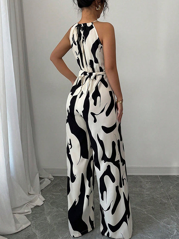 Contrast Color Pleated Loose Sleeveless Spaghetti-Neck Jumpsuits