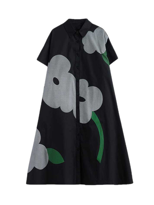 Buttoned Floral Printed Loose Short Sleeves Lapel Collar Midi Dresses
