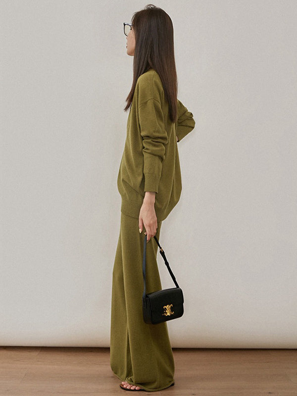 Urban Loose Solid Round-Neck Vest Top& V-Neck Sweater Tops& Wide Leg Pants Three-Piece Set