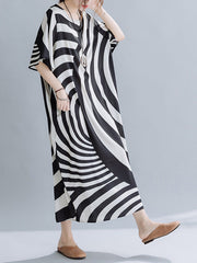 Original Striped Irregularity Round-Neck Midi Dress