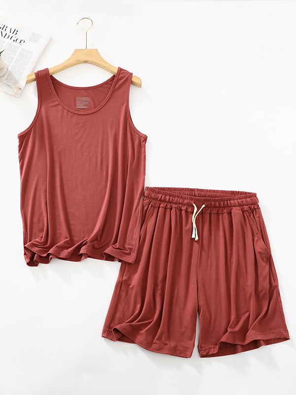 Drawstring Elasticity Pleated Solid Color Loose Sleeveless Round-neck Pajama Sets