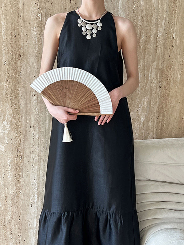 Pleated Solid Color Split-Joint Loose Sleeveless Round-Neck Maxi Dresses